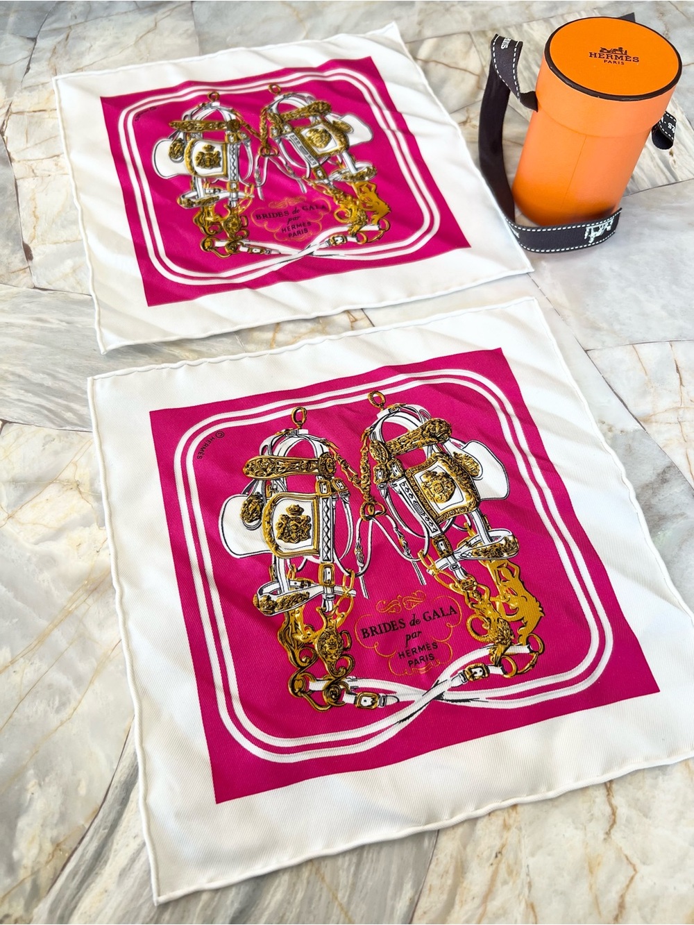 Hermès Brides de Gala Nano Silk Pocket Squares Fuchsia & White 8”x 8” Set of 2